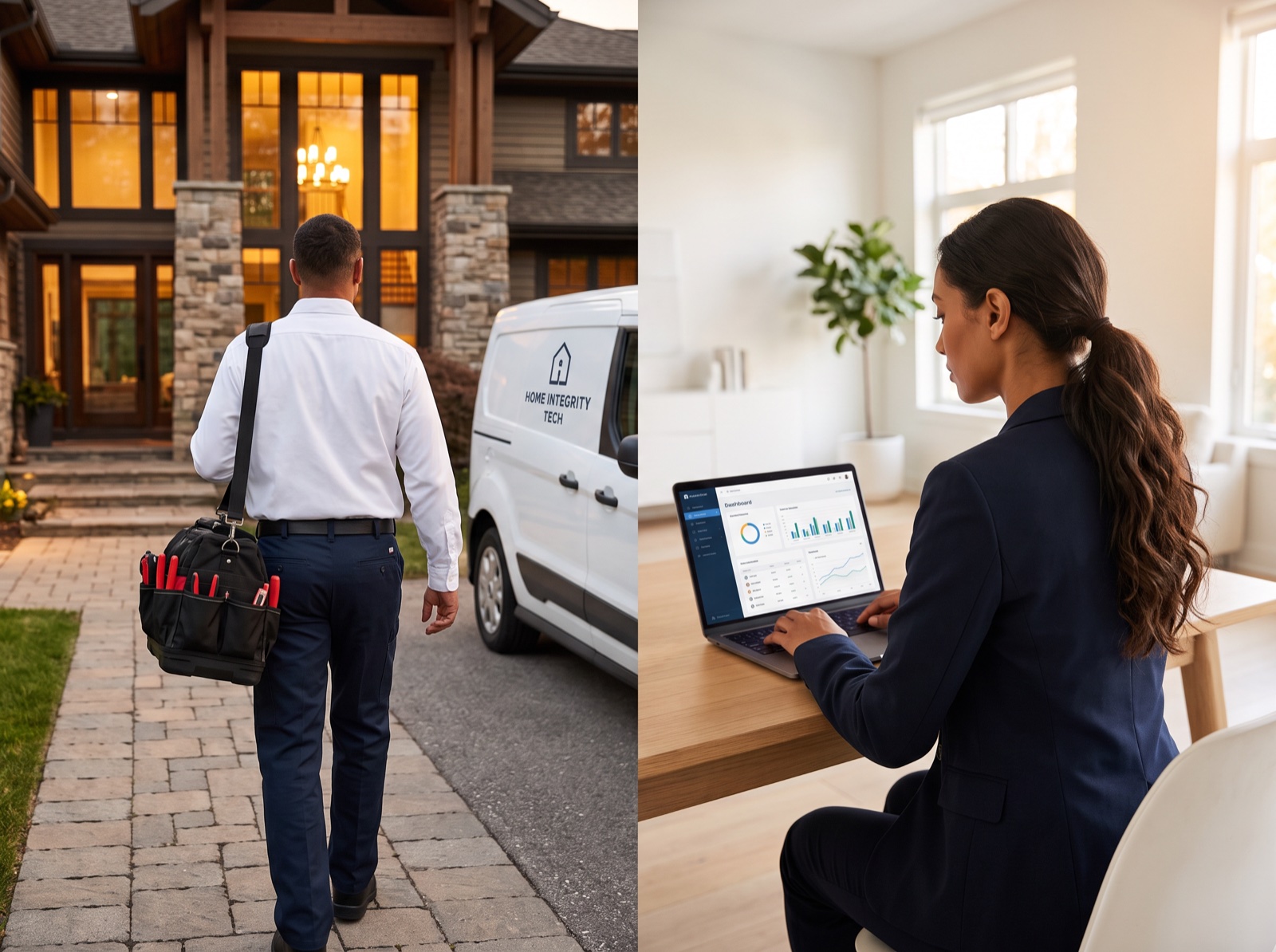 A technician heading into a service call and a teammate managing the business from a laptop